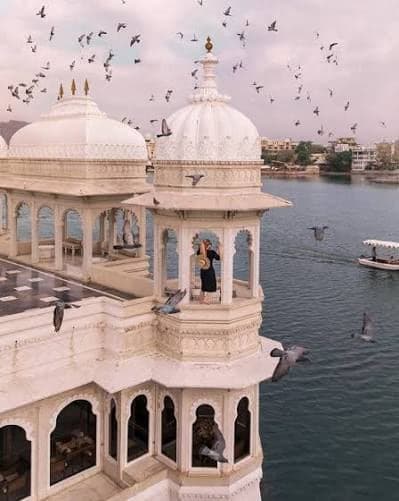 White marble pavilions on Lake Pichola at Udaipur with pigeons wheeling overhead