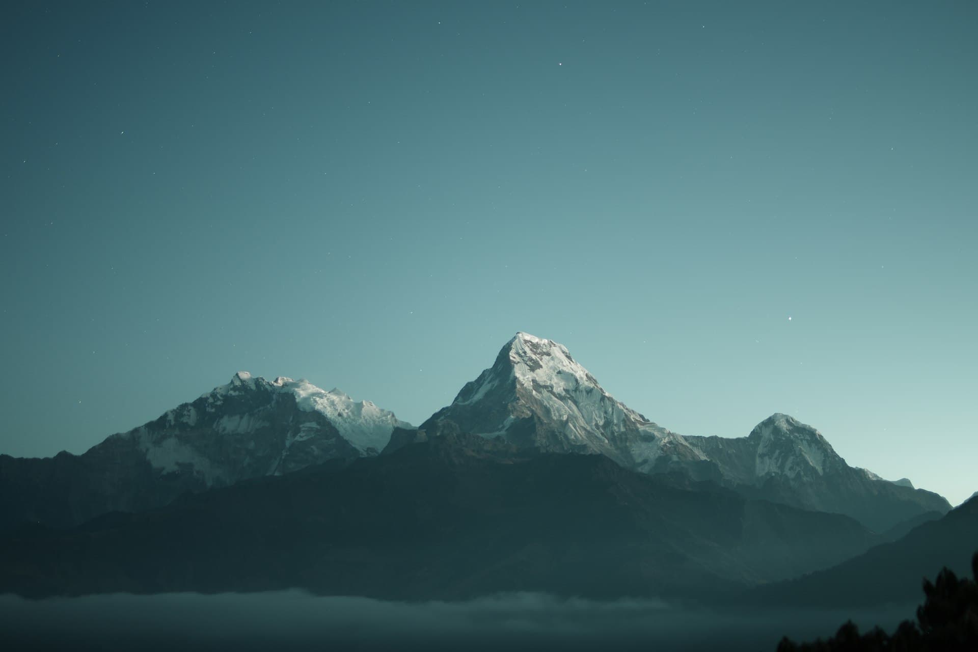 Snow peaks above a cloud layer at dusk