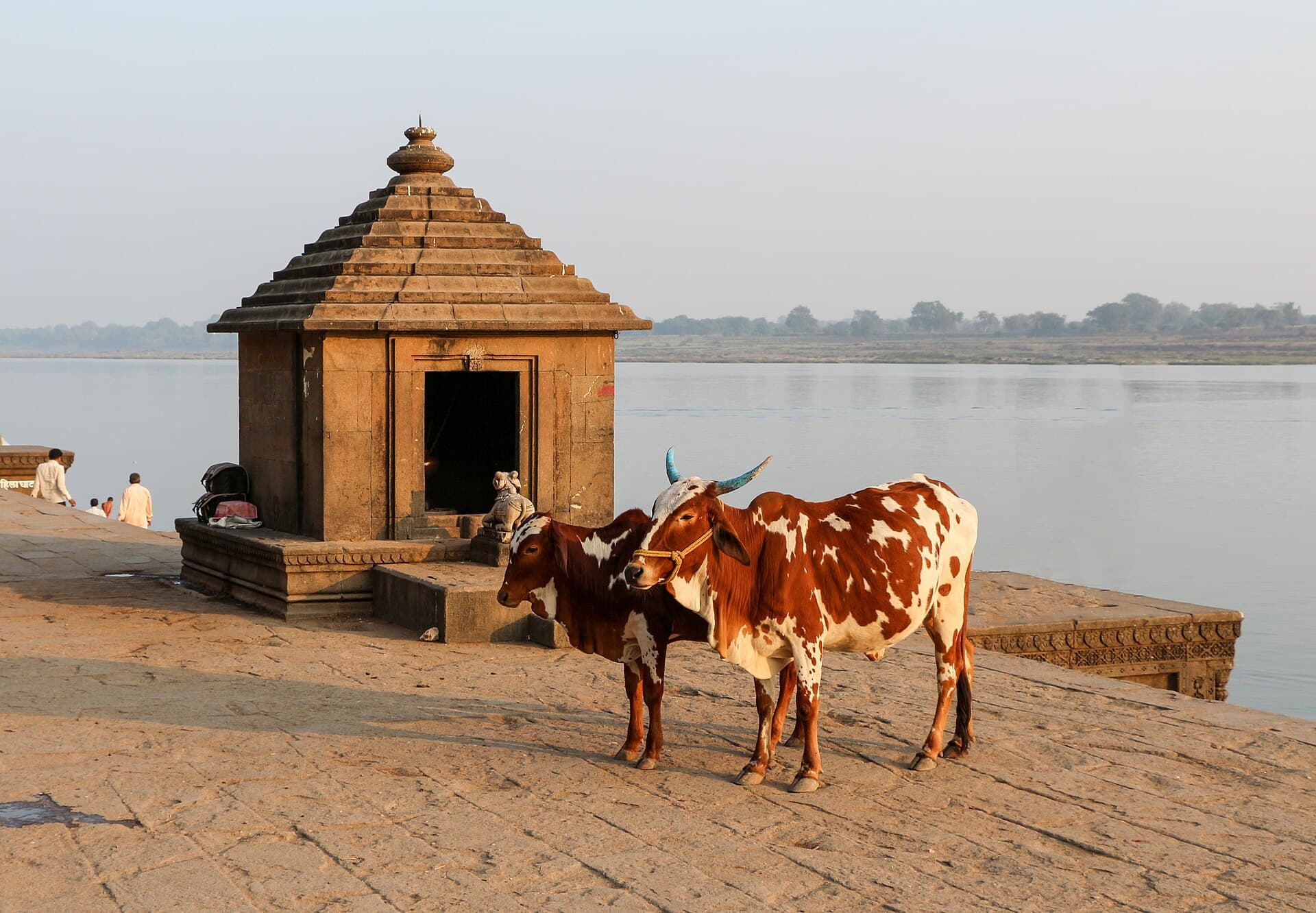 The ghats of the Narmada river at Maheshwar at sunrise